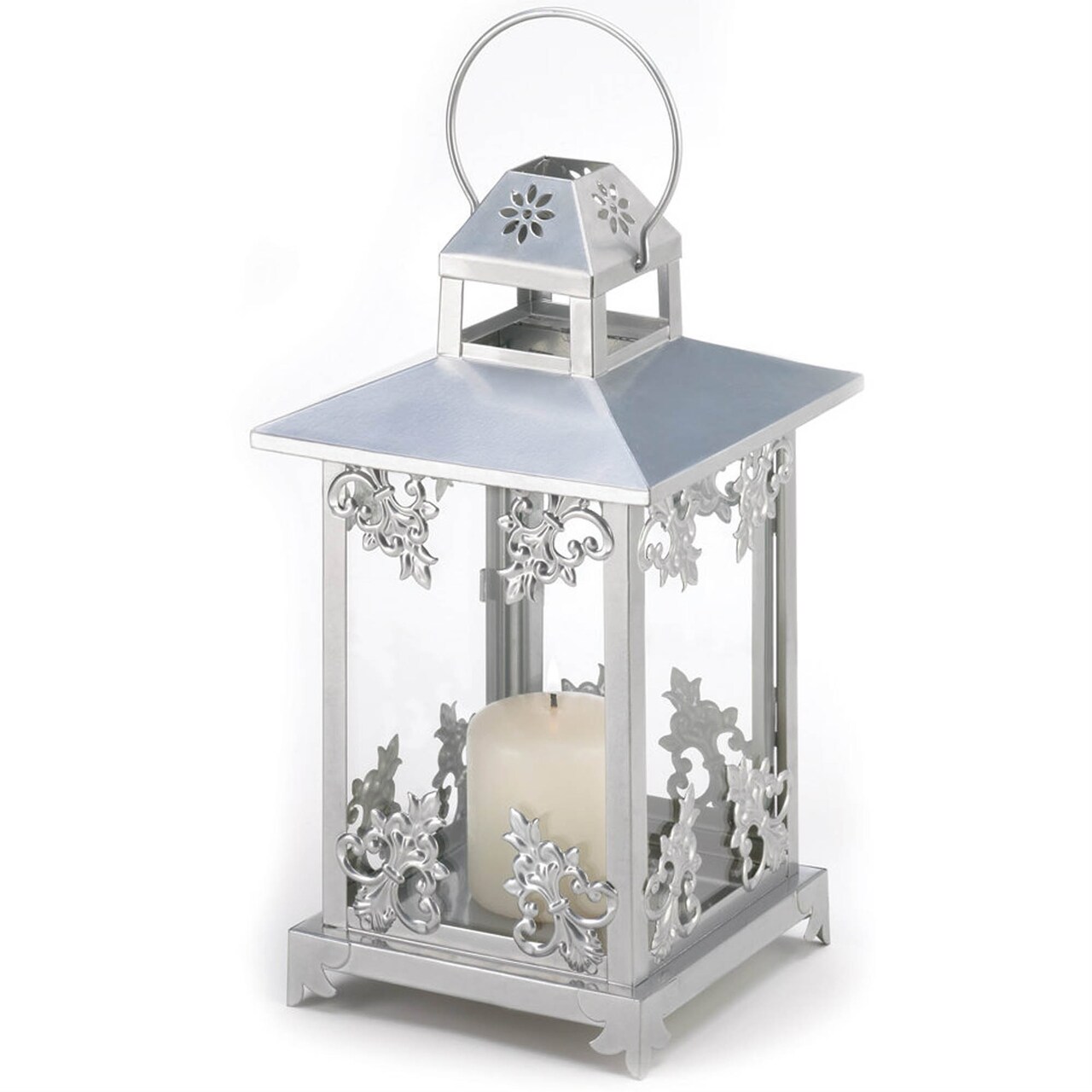 Accent Plus Home Decorative Silver Scrolls Candle Lantern - 15.5 inches